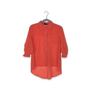 Mine Coral Roll-Tab Long Sleeve Sheer High-Low Button Up Blouse